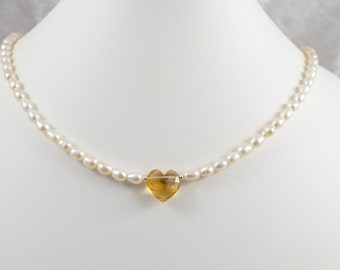 Natural Citrine in Heart pendant with cultured freshwater pearls, 925 sterling Silver necklace Choker Gifts jewelry wedding Women Bridesmaid