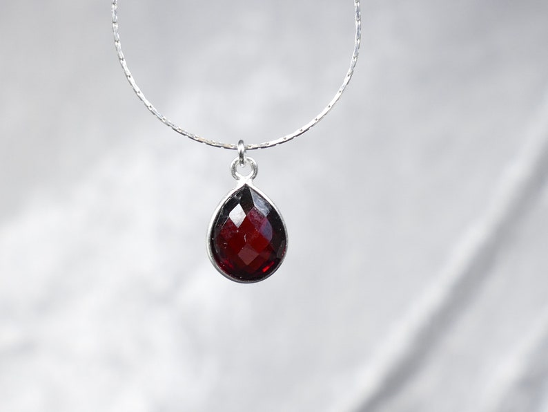 Natural red Garnet drop Necklace sterling silver, thin dainty gemstone pendant, Gifts Her Bridesmaid jewelry birthday wedding Anniversary image 1