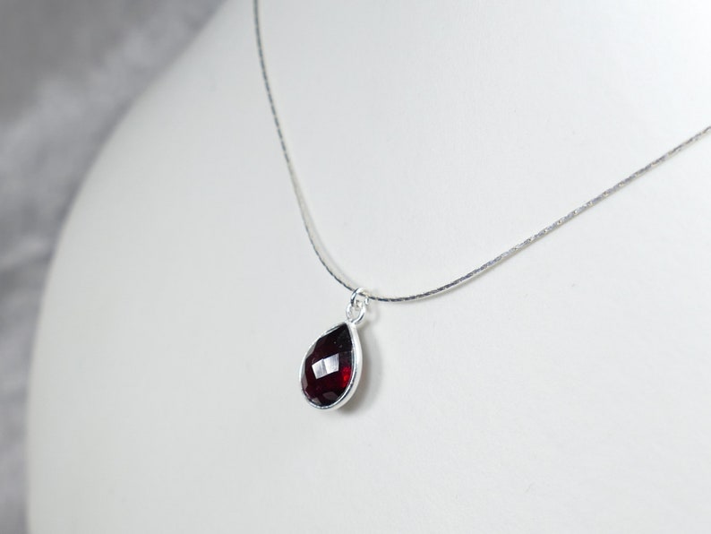 Natural red Garnet drop Necklace sterling silver, thin dainty gemstone pendant, Gifts Her Bridesmaid jewelry birthday wedding Anniversary image 2