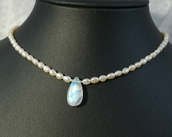Natural Rainbow Moonstone pendant with cultured freshwater pearls sterling Silver necklace Choker Gifts jewelry wedding Women Bridesmaid