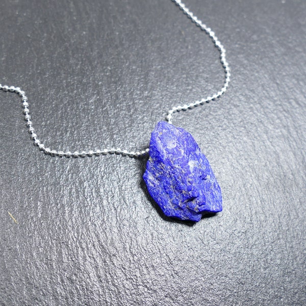 Collier Lapis lazuli naturel brut Argent 925, Chaine militaire, Pendentif pierre fine, Homme Femme Bijoux Cadeau pour Elle Lui Papa