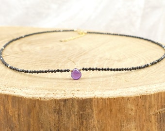 Natural Black Spinel tiny and Amethyst Choker Sterling silver / Gold Filled, Dainty gemstone Beaded necklace, Gifts jewelry Birthstone Women