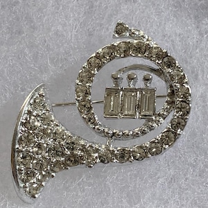 French Horn Brooch, Rhinestone Silver Metal French Horn Brooch