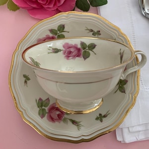 Vintage Rosenthal Chippendale Teacup and Saucer: Pink Roses, Germany