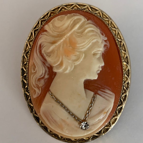 Victorian Revival Cameo Brooch, Girl with the Ponytail Cameo Brooch, Girl with Necklace Cameo Brooch