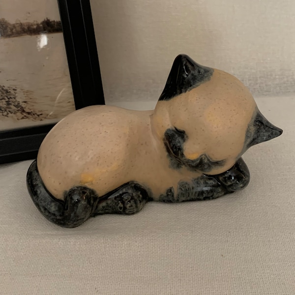 Ceramic Siamese Kitten in Slumber Figurine, Ceramic Siamese Kitten Cat Figurine