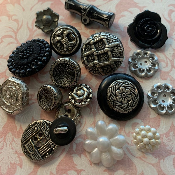 Pretty Button Collection Black Silver Mixed Group Plastic Metal Buttons Flower Buttons Mother Daughter Buttons