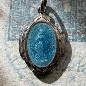 Sterling Silver Blue Enamel Miraculous Medal, Double Sided Blue Enamel on Sterling Silver Miraculous Medal, Sterling Silver Miraculous Medal