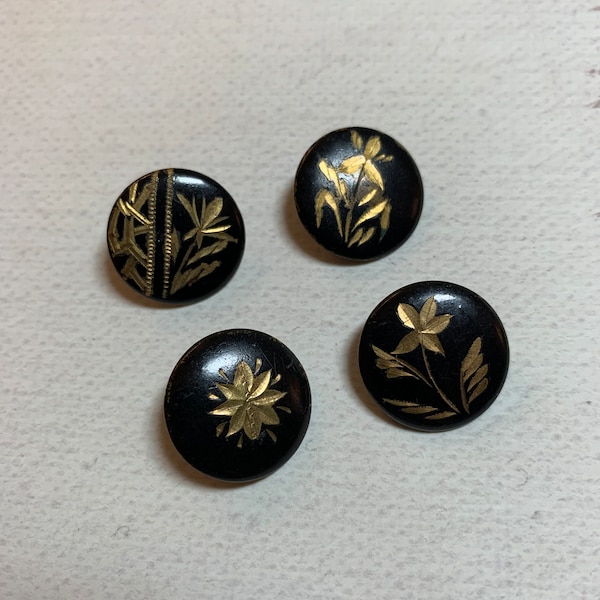 Antique Metal Lacquered Etched Flower Buttons, Japanned Brass Etched buttons