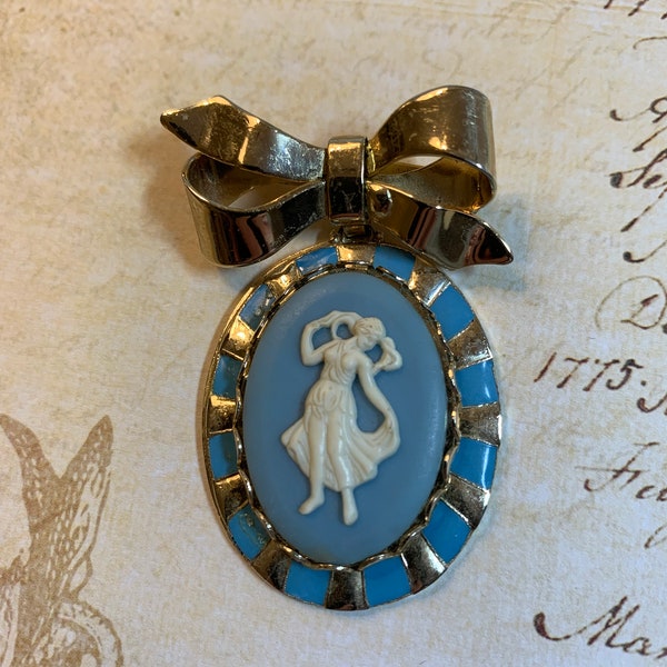 Wedgewood Blue and White Woman Figurine Cameo Bow Brooch