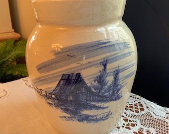 Cobalt Blue Barn Scene Stoneware Pottery - P R  Storie. Marshall Texas Stoneware Pottery Butter Churn