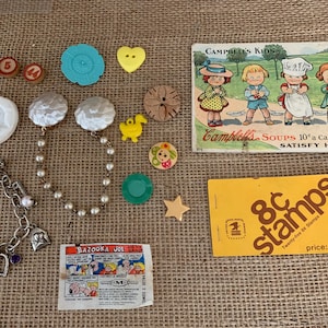 1950s Curiosities Collection: Vintage Charms, Stamps, Bazooka Wrapper