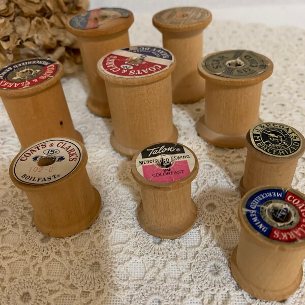 9 Wood Spools Various Sizes, Lot Empty Wood Thread Spools