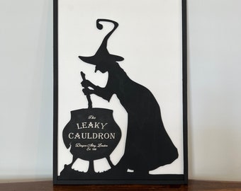 Leaky Cauldron Sign Decor - Black and White Witch Wood Sign