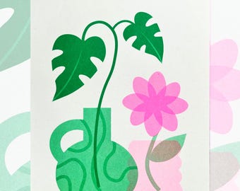 Pink & Green Plant Risograph Print ~ A5 - A4