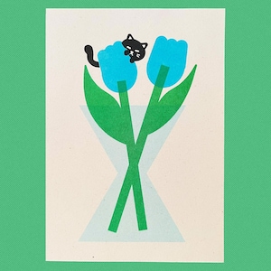 Risographie chat tulipe ~ A5 - A4