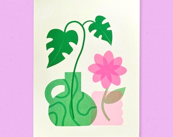Roze en groene plantenrisografieprint ~ A5 - A4