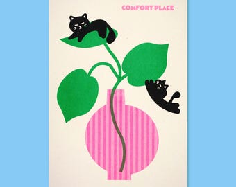 Risografie kattenplant ~ A5 - A4