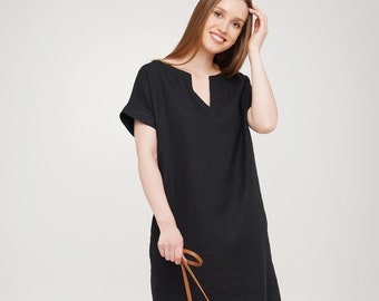 Black Linen Dress, Linen Dress With Pockets, Womans Loose Linen Dress, Linen Dresses for Women, Summer Linen Dress