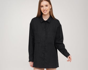 Linnen shirt, vrouwen linnen blouse, button up shirt, lange mouw shirt, zwart linnen shirt en andere kleuren