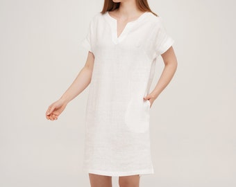 White Linen Dress, Linen Dress With Pockets, Womans Loose Linen Dress, Linen Dresses for Women, Summer Linen Dress