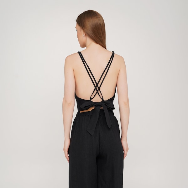 Black Crop Top, Stonewashed Linen, Open Back Top, Cross Back, Linen Blouse, Elegant Tops, White, Black, Grey