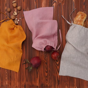 Linen bread bag, Organic bread bag, Food storage bag, Linen bread keeper - Mustard, Dusty Pink,  Natural