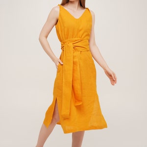 Linen Dress, Linen Dress With Pockets, Linen Dresses for Women, Summer Linen Dress Mustard