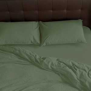 Rustieke beddengoedset van 4 stuks - 1 dekbedovertrek + 2 kussenslopen + 1 hoeslaken - Sage Green Beddengoed, Stonewashed Cotton, King, S. King, Queen