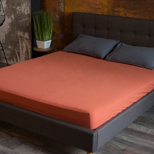 Burnt Orange Fitted Sheet Set: 1 Fitted Sheet + 2 pillow Cases, Stone Washed Cotton, Vintage Look, Sheet Set, Queen, King, S.King