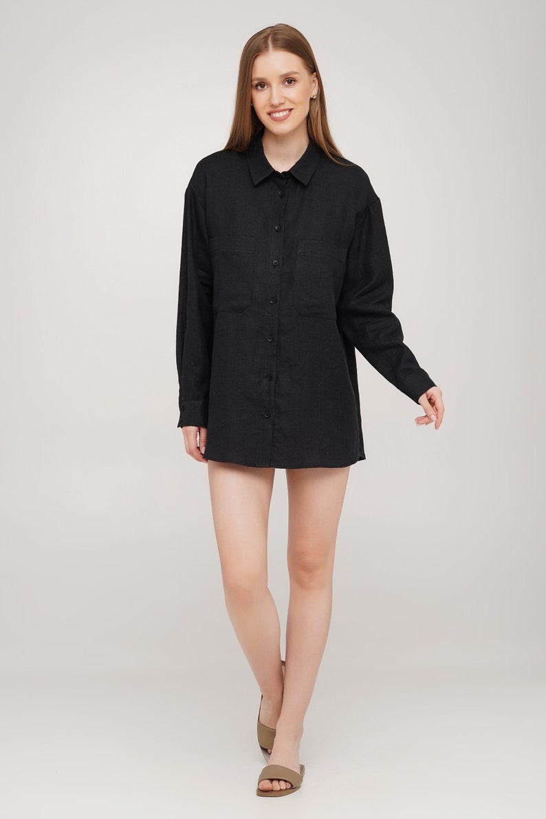 Linen Shirt, Women's Linen Blouse, Button Up Shirt, Long Sleeve Shirt, Black Linen Shirt and Other Colors image 1