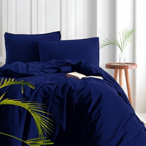 Stonewashed bedding set 3 pcs - 1 Duvet cover + 2 Pillow cases  - Navy Blue Bed Linen,  King, Queen, Full, Double