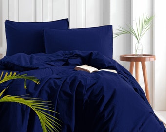 Stonewashed bedding set 3 pcs - 1 Duvet cover + 2 Pillow cases  - Navy Blue Bed Linen,  King, Queen, Full, Double