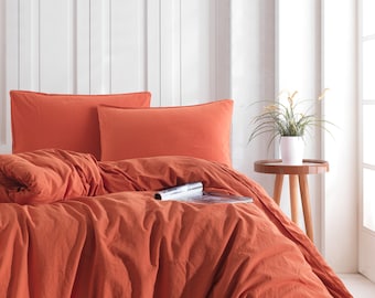 Burnt Orange Bedding Set 3 pcs: 1 Duvet + 2 Pillow cases, Stone Washed Cotton Bedding, Duvet Cover Full, Queen, King