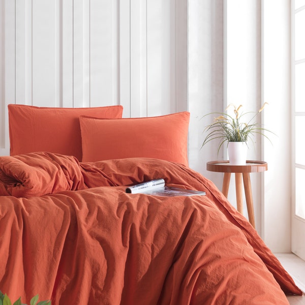 Burnt Orange Bedding Set 3 pcs: 1 Duvet + 2 Pillow cases, Stone Washed Cotton Bedding, Duvet Cover Full, Queen, King