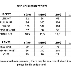 May include: Size chart for a jacket and pants. The chart shows measurements in centimeters for different sizes: S, M, L, and XL. Measurements include length, full bust, waist, sleeve length, shoulder, free waist, stretched waist, and cuff.