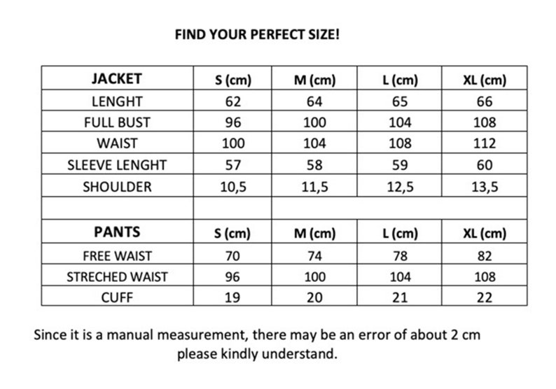 May include: Size chart for a jacket and pants. The chart shows measurements in centimeters for different sizes: S, M, L, and XL. Measurements include length, full bust, waist, sleeve length, shoulder, free waist, stretched waist, and cuff.