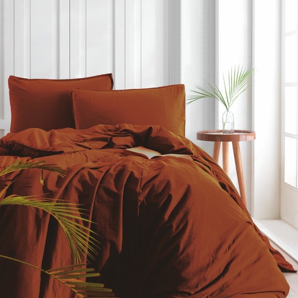 Stonewashed bedding set 3 pcs - 1 Duvet cover + 2 Pillow cases  - Cinnamon, Terracotta Bed Linen,  King, Queen, Double Full