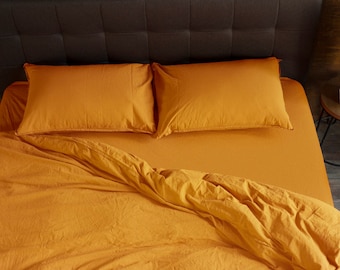 Mustard bedding set 4 pcs - 1 Duvet cover + 2 Pillow cases + 1 Fitted sheet - Rustic Bed Linen, Stonewashed Cotton, Queen