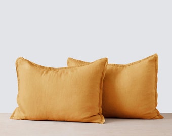 2 Pillow cases Set, StoneWashed Linen, Soft, Stylish, Mustard Yellow Pillow Shams 20X30