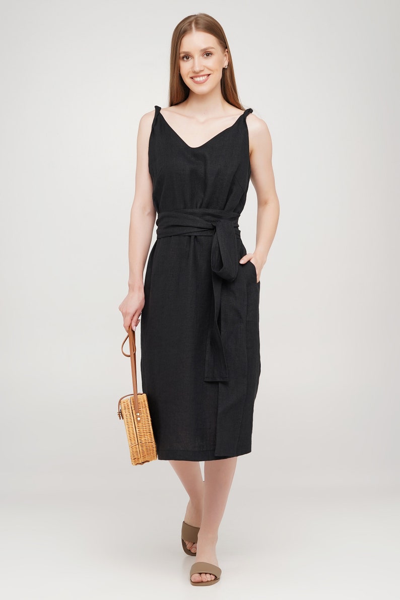 Linen Dress, Linen Dress With Pockets, Linen Dresses for Women, Summer Linen Dress Black
