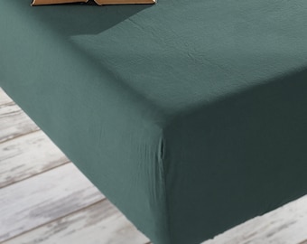 Dark Green Fitted Sheet Set; 1 Fitted Sheet + 2 pillow Cases, Stone Washed Cotton, Vintage Look, Sheet Set: Queen, King, S.King