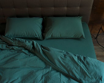 Stonewashed bedding set 3 pcs - 1 Duvet cover + 2 Pillow cases  - Dark Green Bed Linen,  King, S. King, Queen