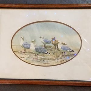May include: Watercolor painting of five seagulls in the rain, framed in a brown wooden frame. The seagulls have white and gray feathers. The artwork is signed in the lower right corner.