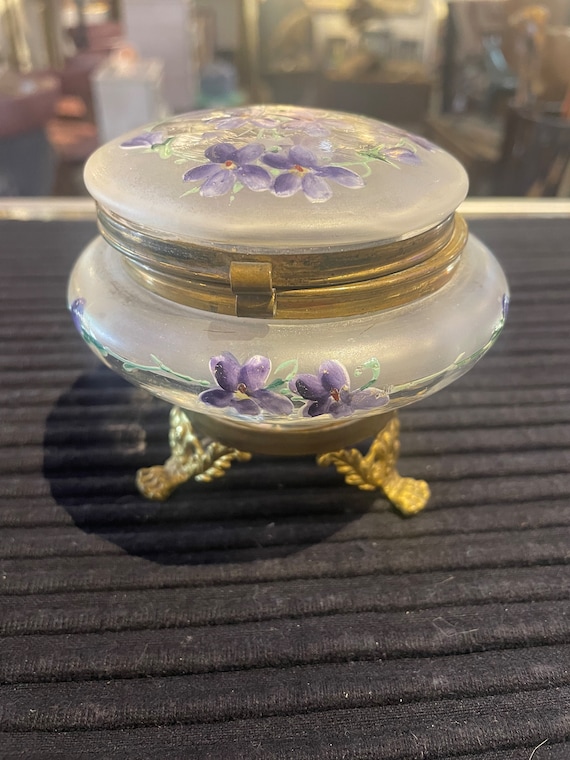 Antique Bohemian glass jewelry box Cask Hand Paint