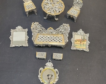 Set of 9 Vintage German Silver Aluminum Doll House Furniture Original Box