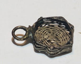 Vintage Tiny Woven Basket Charm Pendant Sterling Silver 925