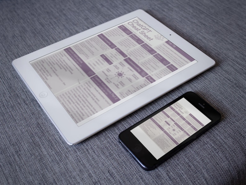 ChatGPT Cheat Sheet For beginners mockup with the cheatsheet displayed on a tablet and a phone.