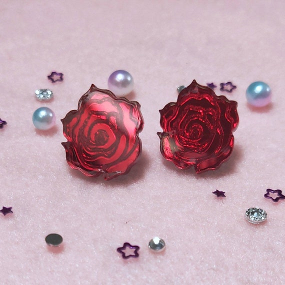 Red Rose Stud Earrings, Sterling Silver, Shiny Post Earrings, Disk
