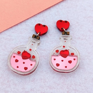 Love Potion Earrings, Valentine&#39;s Day, Gift for Her, Pink Elixir, Red Hearts, Clear Bottle, Cute Lightweight, Hypoallergenic Stainless Steel